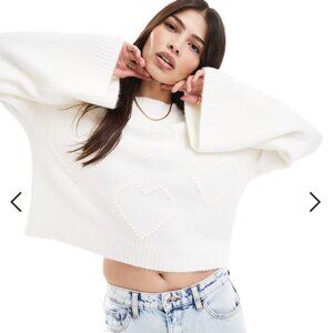 Miss Selfridge textured heart detail slash neck wide sleeve sweater in cream